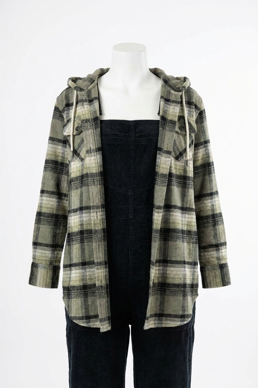 NEW KAVU jess flannel button down hoodie in misty night